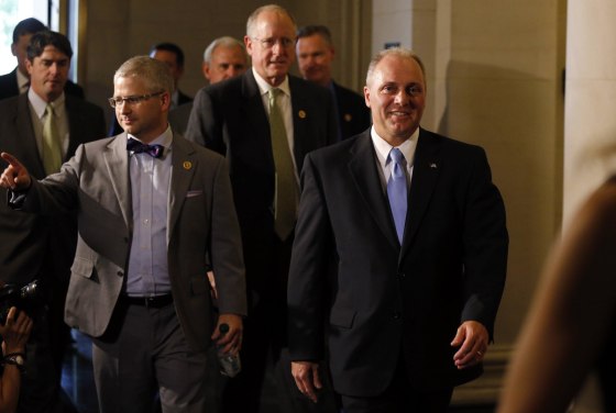 Image: House Majority Whip candidate Scalise arrives with Rep. McHenry for House Republican leadership elections in the Longworth House Office Building on Capitol Hill in Washington