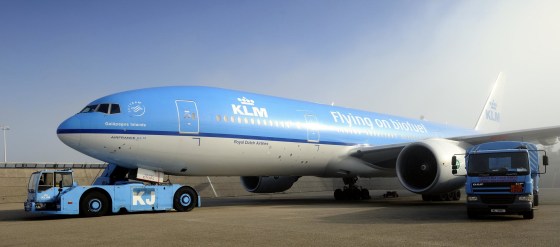 A KLM Royal Dutch Airlines airplane sits ready for take-off at Schiphol Airport.