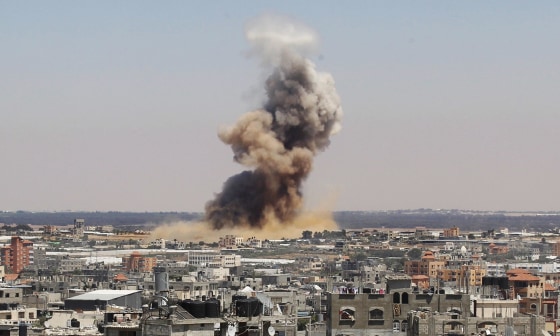 Smoke rises following an Israeli air strike in Rafah in the southern Gaza Strip on July 8.