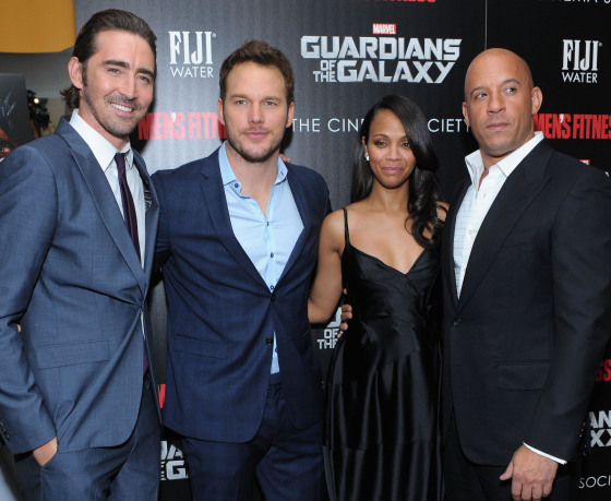 Latina actress Zoe Saldana, seen here with actors Lee Pace, Chris Pratt and Vin Diesel, attending a screening of "Guardians of the Galaxy" on July 29, 2014 in New York City. A USC study found less than 5 percent of actors in 2013's 100 top-grossing films were Latino.