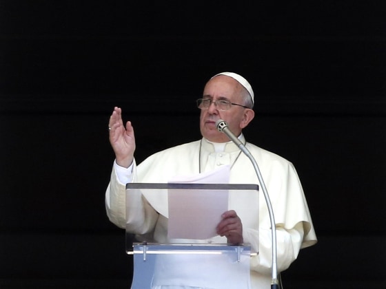 Image: Pope Francis speaks as he leads the Angelus prayer in Saint Peter's Square at the Vatican