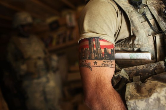 Image: A US Army Able Company soldier with a 9/11 tattoo.