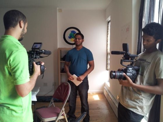 Ahmed, Riyaz and Hatim test out camera equipment on Day 3 of classes at the NYC Muslim Youth Voices training. (August 2014)