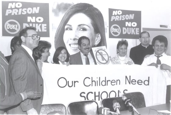 Lucy Ramos, one of the founders of Mothers Of East L.A. (MELA), with Vice President Mary Lou Trevis and then assemblywoman Gloria Molina during a press conference to oppose building a state prison in the predominantly Latino Boyle Heights section of eastern Los Angeles.