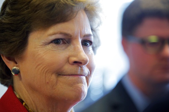 Image: U.S. Senator Jeanne Shaheen (D-NH) listens to a question from a reporter during a campaign event at Creative Chef Kitchens in Derry