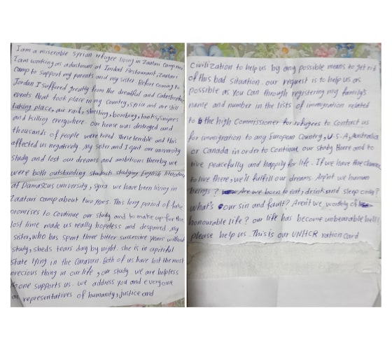 Image: Letters handed to a UNHCR worker at the Zaatari refugee camp in Jordan by a 21-year-old Syrian refugee.