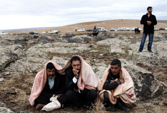 Image: People watch from a hill after a US-led coalition airstrike on Kobani, Syria, took place.