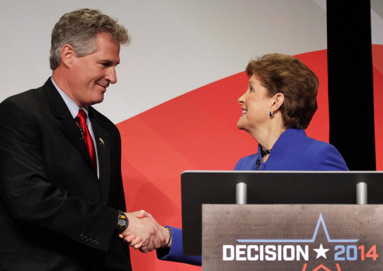 U.S. Sen. Jeanne Shaheen, right, greets Republican challenger Scott Brown before a live televised debate hosted by New England Cable News, the Concord Monitor, and the University of New Hampshire at the Capitol Center for the Arts, on Oct. 21, in Concord, N.H.