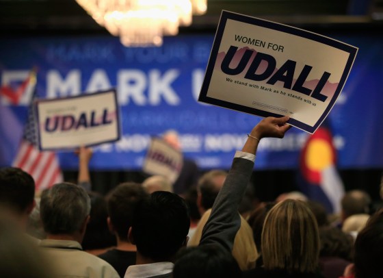 AURORA, CO - OCTOBER 21: Supporters display signs for U.S. Sen. Mark Udall (D-CO) as he speaks to attendees at a rally on October 21, 2014 in Aurora, Colorado. Former Secretary of State Hillary Clinton, U.S. Sen. Michael Bennet (D-CO), Colorado Gov. John Hickenlooper and Democratic candidate for U.S. Rep. Andrew Romanoff attended the rally for U.S. Sen. Mark Udall (D-CO) ahead of the November 4, 2014 elections. (Photo by Doug Pensinger/Getty Images)