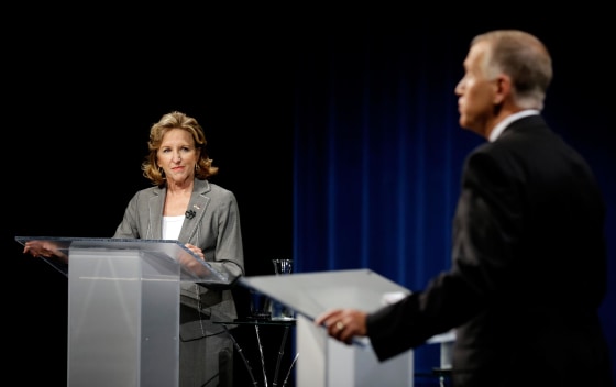 Image: Sen. Kay Hagan, D-N.C., left, and Republican candidate for Senate Thom Tillis participate during a live televised debate