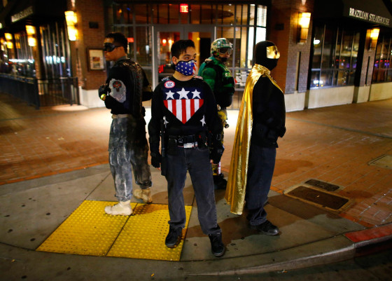 Image: Fallen Boy, Freedom Fighter, Mr. Xtreme and Vortex of the Xtreme Justice League stand watch on a street corner in downtown San Diego,California