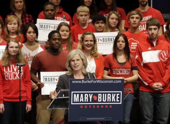 Wisconsin Democratic gubernatorial candidate Mary Burke speaks at a campaign event Tuesday, Oct. 7, 2014, in Madison, Wis. Burke was joined by first lady Michelle Obama, who rallied young voters Tuesday in Wisconsin's race for governor, saying if they show up to vote Republican Gov. Scott Walker can be defeated. (AP Photo/Morry Gash) 