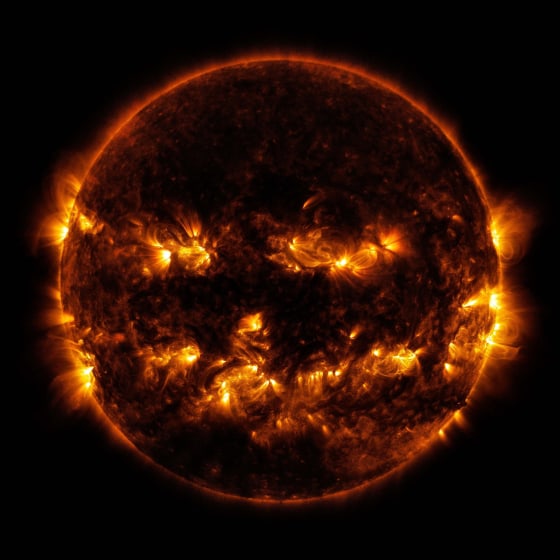 Image: Active regions on the sun combine to look something like a jack-o-lantern’s face, as pictured in this image provided by NASA