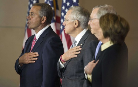 House Speaker John Boehner (R-OH) (L-R), Senate Majority Leader Harry Reid (D-NV), Senate Minority Leader Mitch McConnell (R-KY) and House Minority Leader Nancy Pelosi (D-CA) stand for the National Anthem during a ceremony to present a Congressional Gold Medal in honor of the Fallen Heroes of 9/11 on Capitol Hill in Washington September 10, 2014. The three gold medals will be provided to the Flight 93 National Memorial in Pennsylvania, one going to the National September 11 Memorial and Museum in New York, and one going to the Pentagon Memorial at the Pentagon. REUTERS/Joshua Roberts (UNITED STATES - Tags: POLITICS DISASTER ANNIVERSARY)
