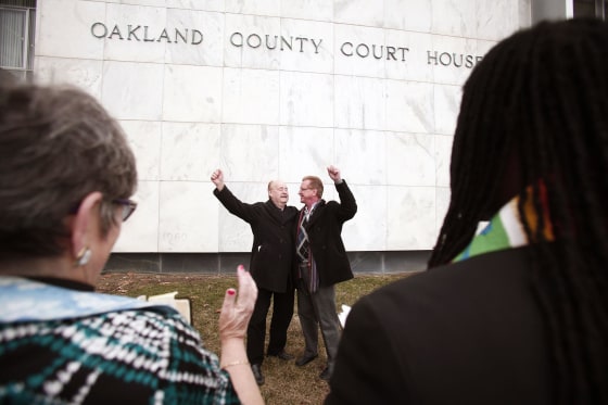 Image: Same Sex Couples Receive Marriage Licenses Day After Judge Strikes Down State's Ban On Gay Marriages