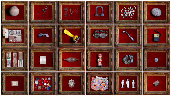 Image: A combination picture shows items collected by Italian collector Domenico Agostinelli, displayed in his museum in Dragona