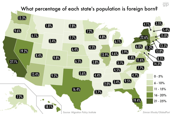 This map shows you how many foreigners live in each US state