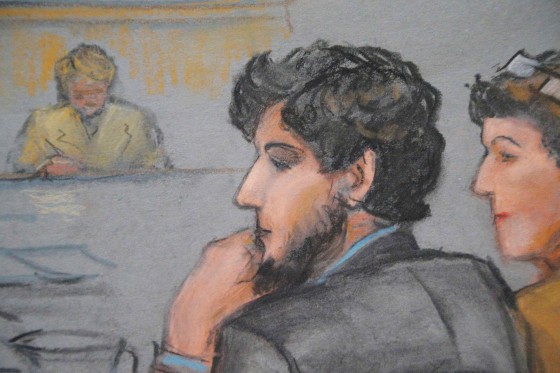 Image: Courtroom sketch shows Boston Marathon bombing suspect Tsarnaev during the jury selection process in his trial at the federal courthouse in Boston