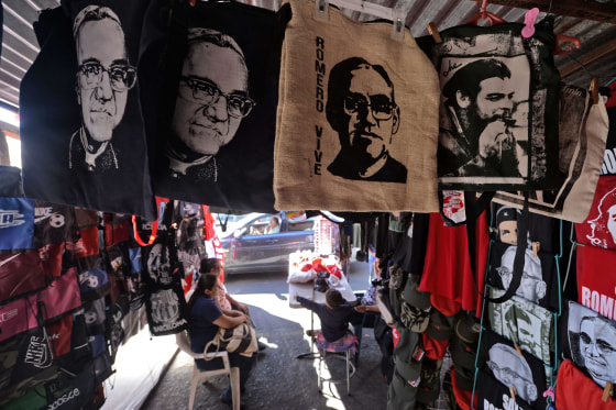 Stand with T-shirts and other products of Archbishop Oscar Romero, in the center of San Salvador on February 3, 2015. Monsignor Romero was declared a martyr by the Francisco Pope in the Vatican. Photo: AFP / MARVIN RECINOSMarvin RECINOS/AFP/Getty Images