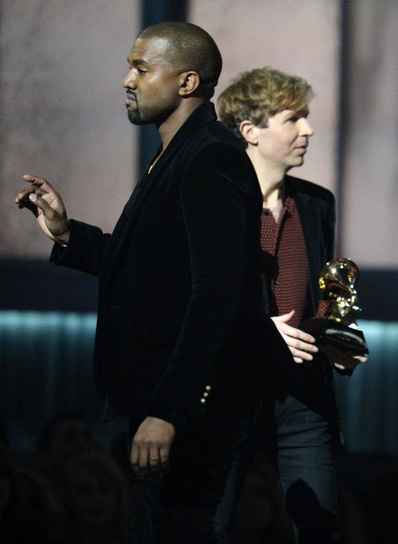 Image: Winner for Album Of The Year Beck reacts as Kanye West appears on stage