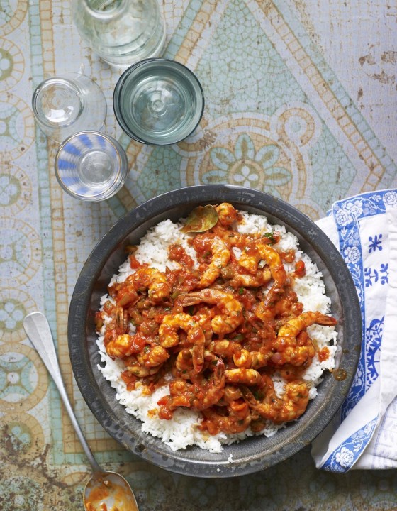 A picture of camarones (shrimp) enchilados from "The Cuban Table: A Celebration of Food, Flavors, And History" by Ana Sofia Pelaez (author) and Ellen Silverman (photographer)
