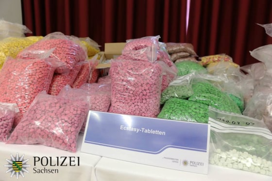 Image: German police collected drugs including Crystal, Cocaine, amphetamine (Speed), Ecstasy pills, LSD, hashish and marijuana during a drug bust in Leipzig.