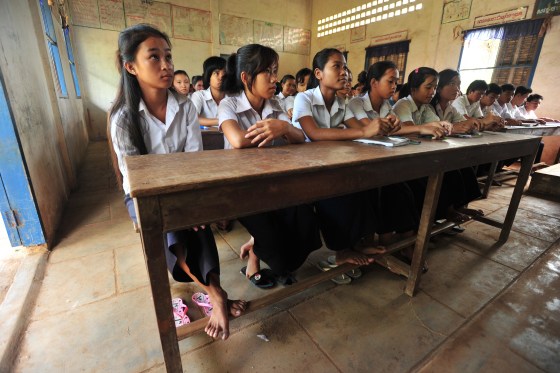 Girls study at a school in Cambodia.