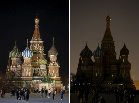 Image: Combination picture shows St. Basil's Cathedral before and during Earth Hour in Moscow