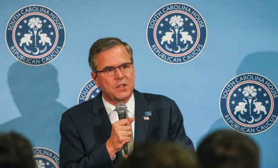 Former Florida Gov. Jeb Bush, speaks at the South Carolina house republican caucus reception in Columbia, S.C., Tuesday, March 17, 2015. Bush said Tuesday that minimum wage increases should be left to businesses and state governments, opposing a hike in the federal pay floor as an impediment to individuals trying to escape from poverty. (AP Photo/The State, Tim Dominick) ALL LOCAL MEDIA OUT, (TV, ONLINE, PRINT) 
