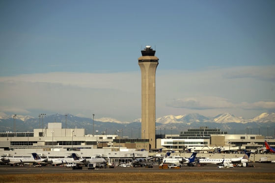 The FAA Control Tower at Denver International Airport from the far side of the airfield on February 19, 2015. 