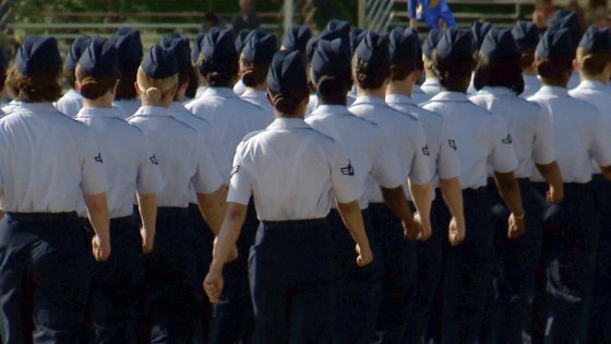In this June 22, 2012, image made from video, female airmen march during graduation at Lackland Air Force Base in San Antonio.