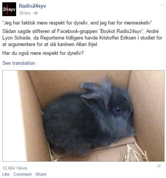 Translation: "I actually have more respect for wildlife than I have for human life," said the founder of the Facebook group "Boycott Radio24syv," André Lyon Schade, when debating Kristoffer Eriksen in the studio on the death of Allan the rabbit. Do you also have more respect for wildlife?