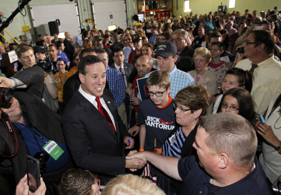 Image: Republican presidential candidate and former U.S. Senator Santorum greets supporters after announcing candidacy for the 2016 Republican presidential nomination during event in Cabot, Pennsylvania