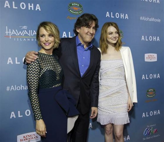 Director of the movie Cameron Crowe poses with cast members Rachel McAdams (L) and Emma Stone at a special screening of "Aloha" in West Hollywood, California May 27, 2015. The movie opened in the U.S. on May 29.