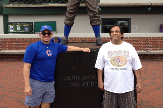Larry Gonzalez, a principal at the Raben Group in Washington, D.C., a native of Chicago and a lifetime Cubs fan, with his late father Lorenzo "Lody" Guadalupe Gonzalez outside Wrigley Field in one of their last baseball games together. 