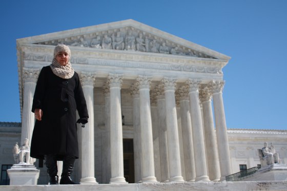 Fauzia Din stands outside the Supreme Court which heard her case Kerry v. Din on Feb. 23 in Washington, D.C.