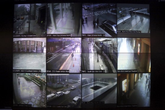 A wall of surveillance camera video in New York. 