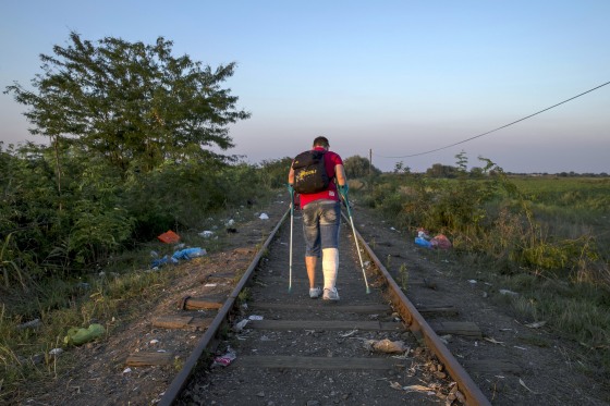 Image: A migrant, hoping to cross into Hungary, walks along a railway track near the village of Horgos in Serbia, towards the border it shares with Hungary