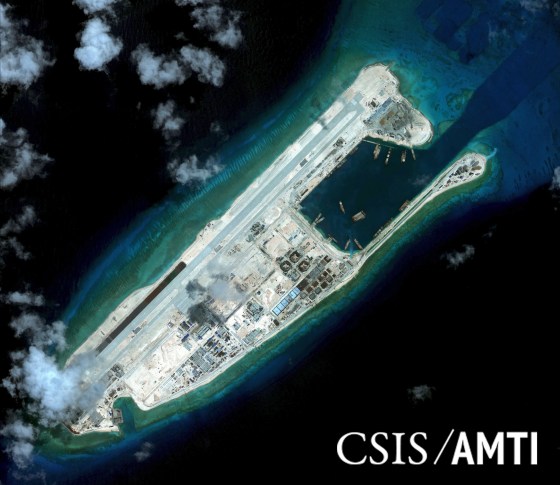 Image: Handout photo of Fiery Cross Reef is shown in this satellite image in the South China Sea