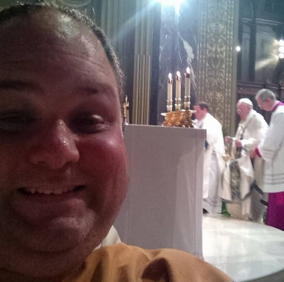 Rev Stephen Paolino posted this photo of himself during Pope Francis' Mass at the Cathedral Basilica of Saints Peter and Paul.
