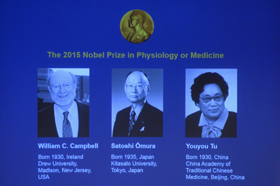 Image: The portraits of the winners of the Nobel Medicine Prize 2015