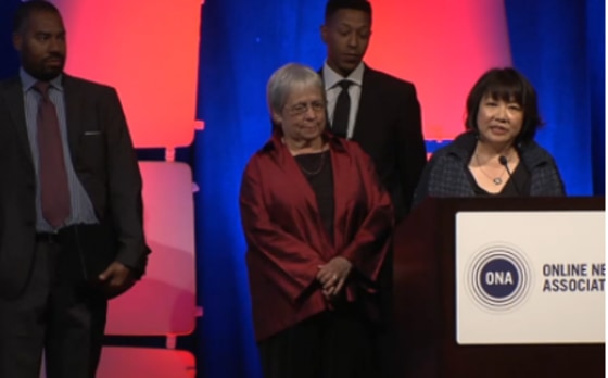 Evelyn Hsu speaks at the 2015 Online News Association Conference in Los Angeles, joined by the Maynard family. 