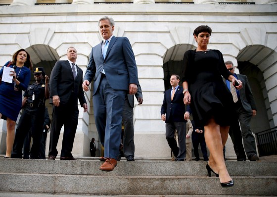 Image: McCarthy and his wife depart after his decision to pull out of a Republican caucus secret ballot vote to determine the nominee to replace retiring House Speaker John Boehner, on Capitol Hill in Washington