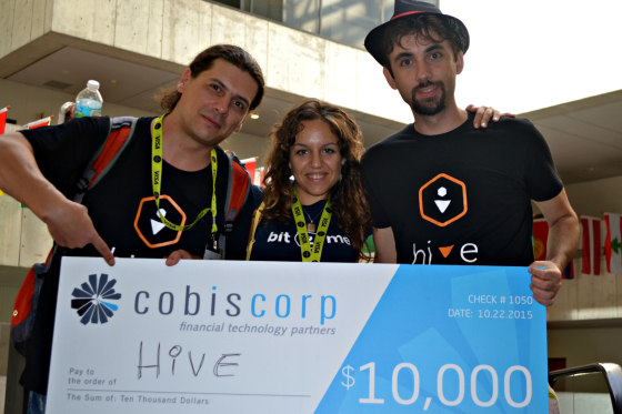 "Hive" -a startup based in Spain- won first prize in the remittance hackathon at the second Fintech Americas Banking Disruption Conference in Miami. From left to right: Bogdan Stirbu, Salvia Santos, and Leif Ferreira.