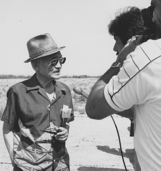 Min Yasui being filmed at Minidoka Relocation Center, Idaho, 1985