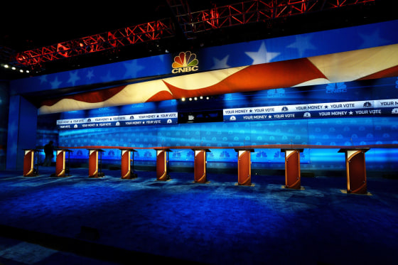 Image: The podiums for Republican presidential candidates debate are seen on stage in Boulder