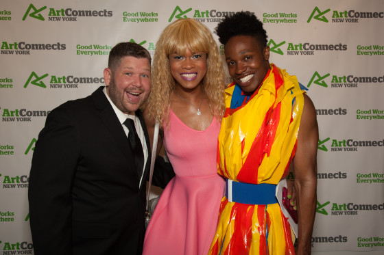 Exhibiting artists Greg Frederick and Andre St.Clair stand with curator Souleo for Art Connects New York