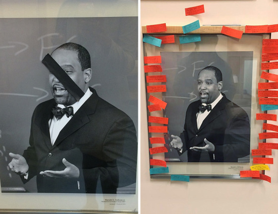 A portrait of Ronald S. Sullivan was among the portraits of black faculty members defaced with black tape at Harvard Law School. Students responded, at right, by posting notes showing their appreciation for the professors.