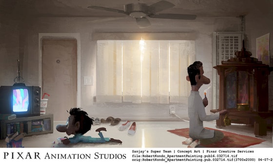 A scene from \"Sanjay’s Super Team,\" based on the childhood experiences of director Sanjay Patel.