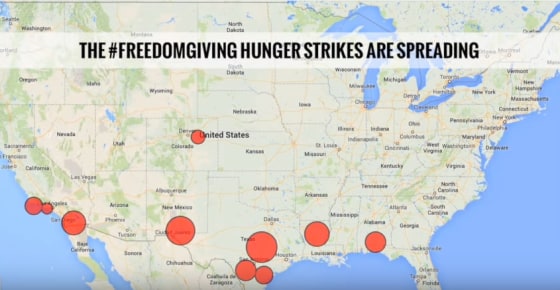 This map, courtesy of DRUM - South Asian Organizing Center, shows where hunger strikes are taking place in detention centers across the country. The majority of the strikes began over the Thanksgiving holiday.